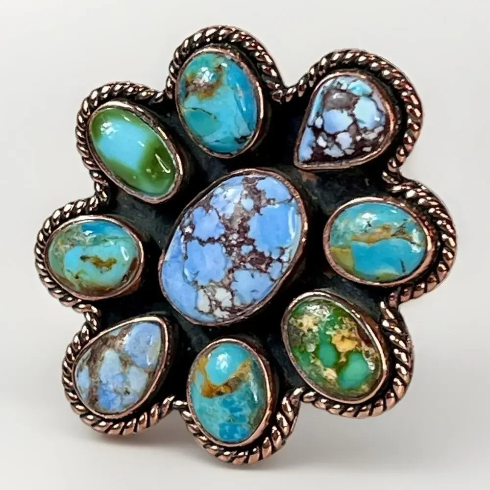 Golden Hills Mojave Sonoran Gold Turquoise Copper Cluster Statement Ring Adj Sz